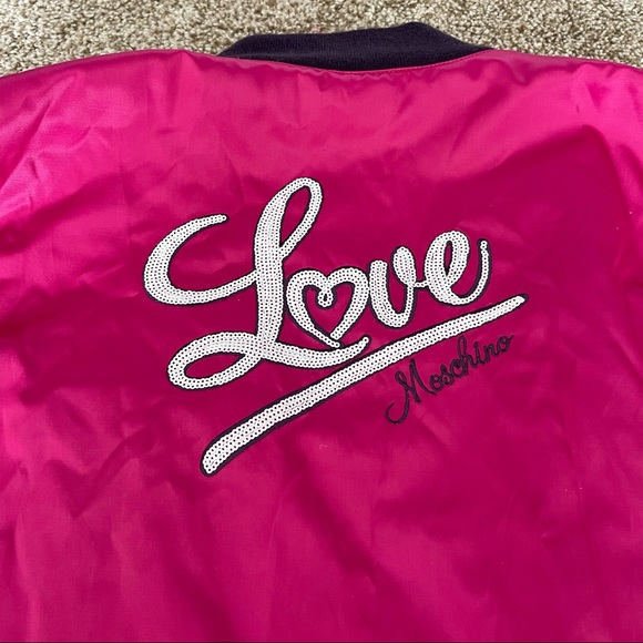 LOVE MOSCHINO Long Bomber Jacket Size 4 Pink Satin - Picture 2 of 11